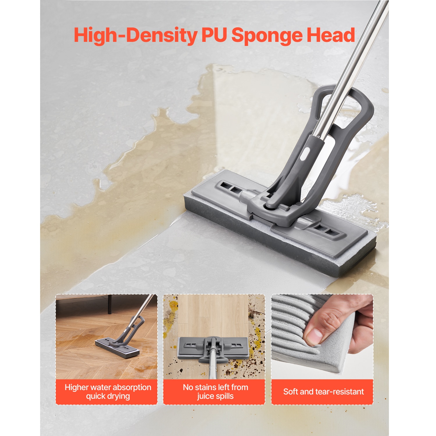 High-Density PU Sponge Mop, Comes With 1 Replacement Head, Easy To Wring, Hook-and-Loop Fastener For Quick Change, Suitable For Cleaning Various Floors_voghion.com